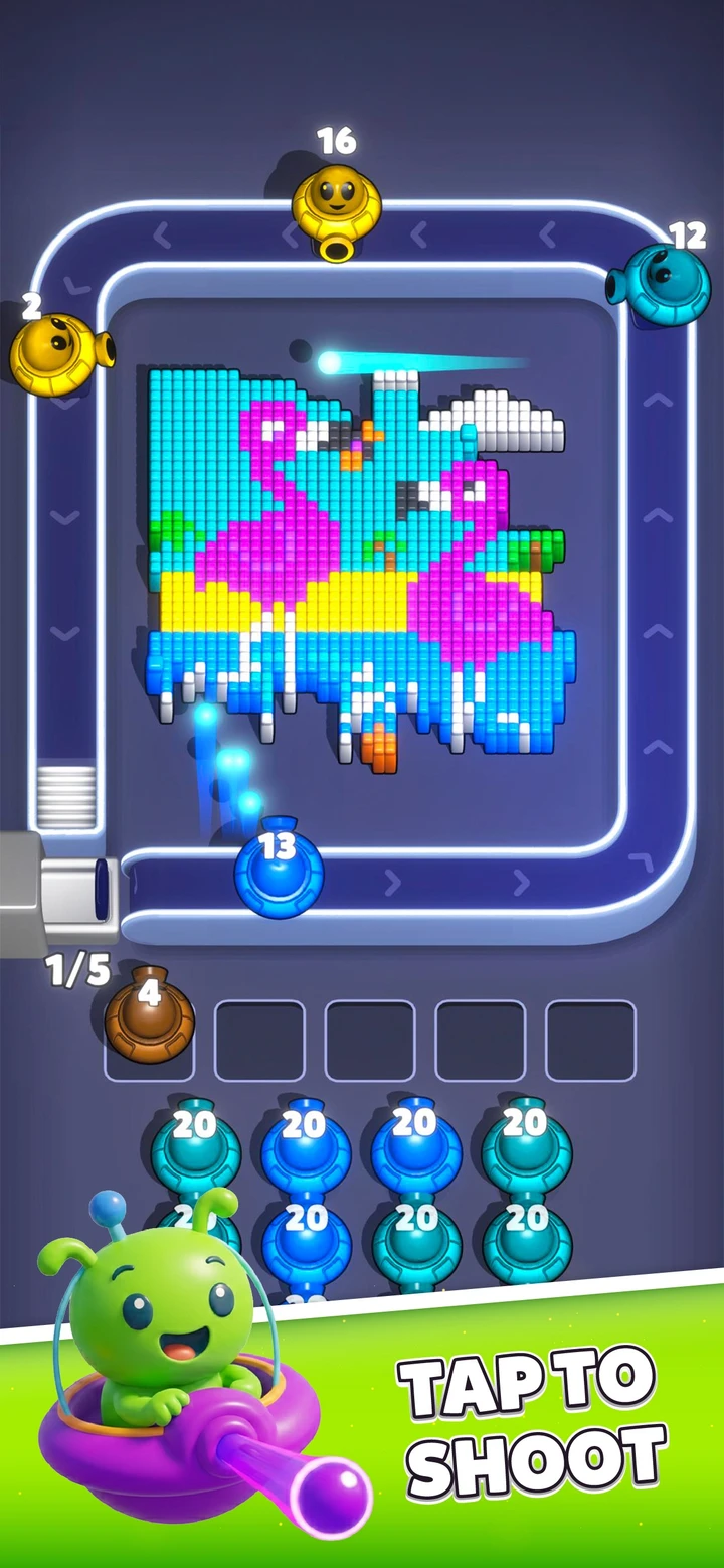 Voxel Blast Jam store screenshot showing pink flamingos, moving colored shooters and the waiting row.