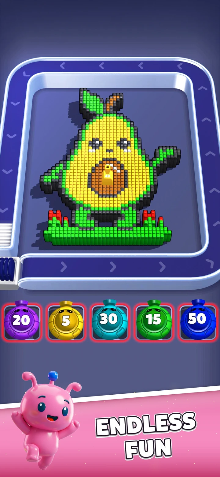 Voxel Blast Jam store screenshot with a green avocado picture and numbered shooters below the rail.