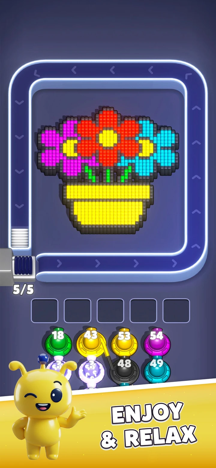 Voxel Blast Jam store screenshot with colorful flowers, a yellow pot and waiting spaces below the board.